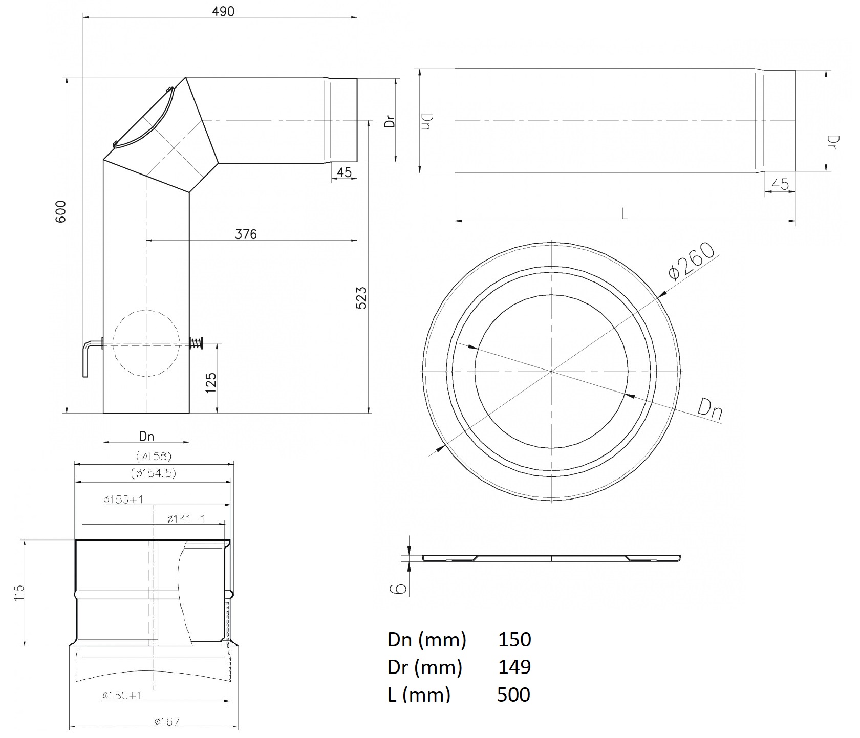 Smoketubes sets T400 Ø150mm/90° for fireplaces gray 60x40cm+50cm