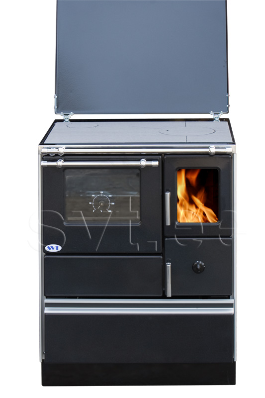 Woodburning cooker Alfa 70 with glass door black left 7kW