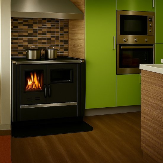 Integreeritav puupliit North Eco keraamilise pliidiplaadiga must paremakäeline 9kW