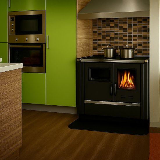 Integreeritav puupliit North Eco terasest pliidiplaadiga must vasakukäeline 9kW